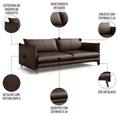 Sofá Living 3 Lugares para Sala de Estar 200cm Dojin L07 Couro Café -