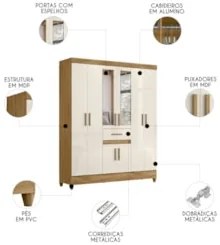 Guarda Roupa Casal 165cm Com Espelho Parla Freijó/Off Z17    - Mpozena