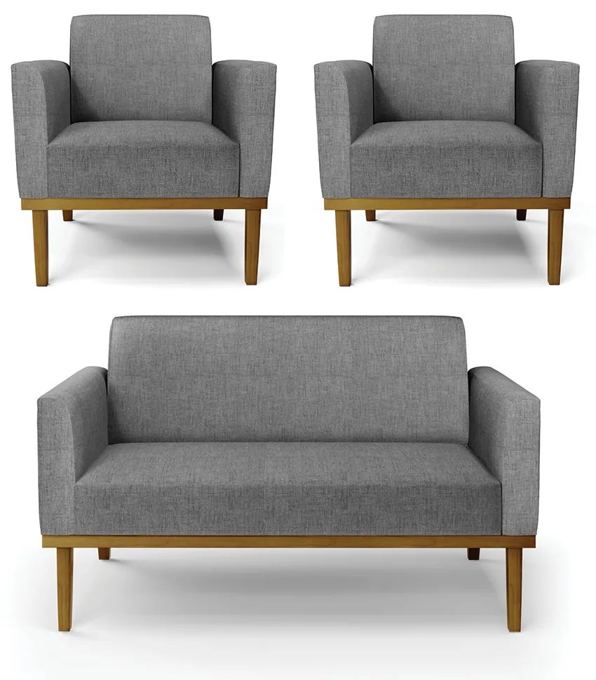 Conjunto 2 Poltronas e 1 Namoradeira Decorativa Isabella Pés Fixo em Madeira Castanho Linho Cinza Mesclado G19 - Gran Belo
