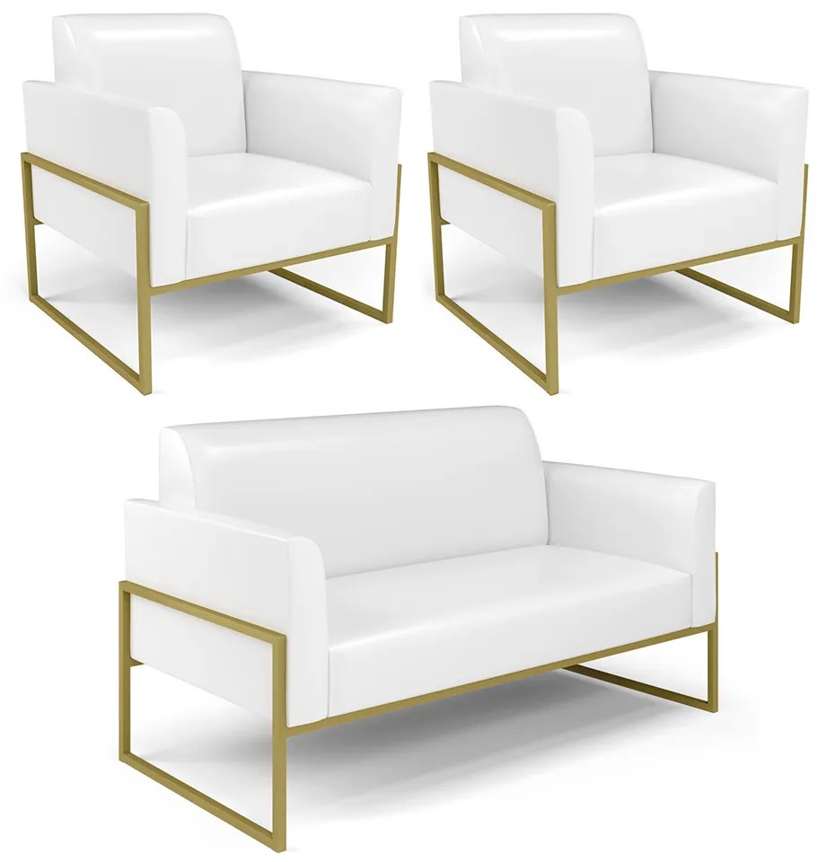 Sofá Namoradeira com 2 Poltronas Base Industrial Alta Dourado Marisa Corano D03 - DRossi - Branco