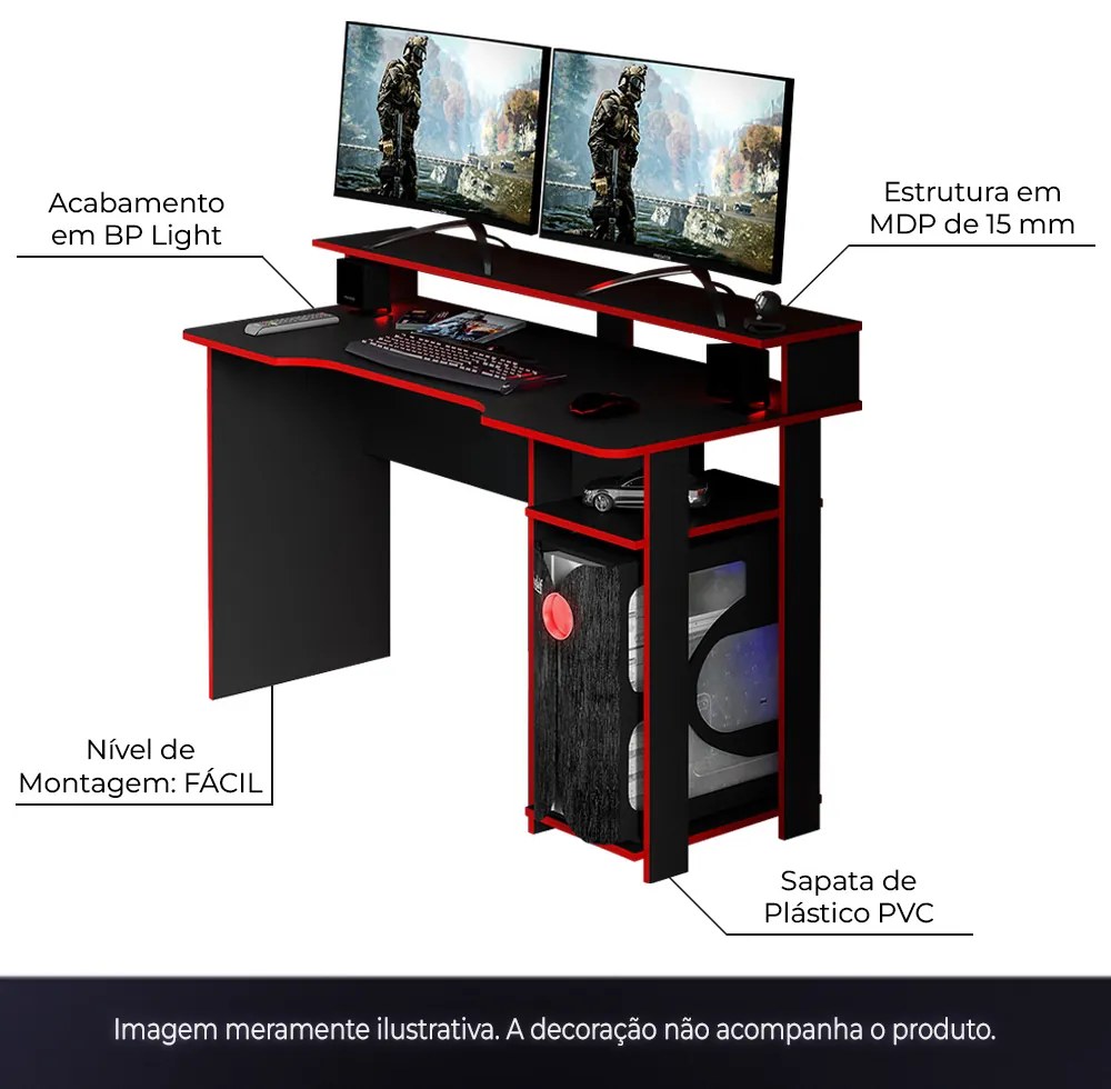 Conjunto Mesa e Armário para Escritório Home Office Gamer Cool MDP Preto/Vermelho G69 - Gran Belo