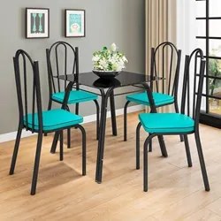 Jogo de Mesa Lótus Tampo de Vidro e 4 Cadeiras 121 Preto/Azul Turquesa