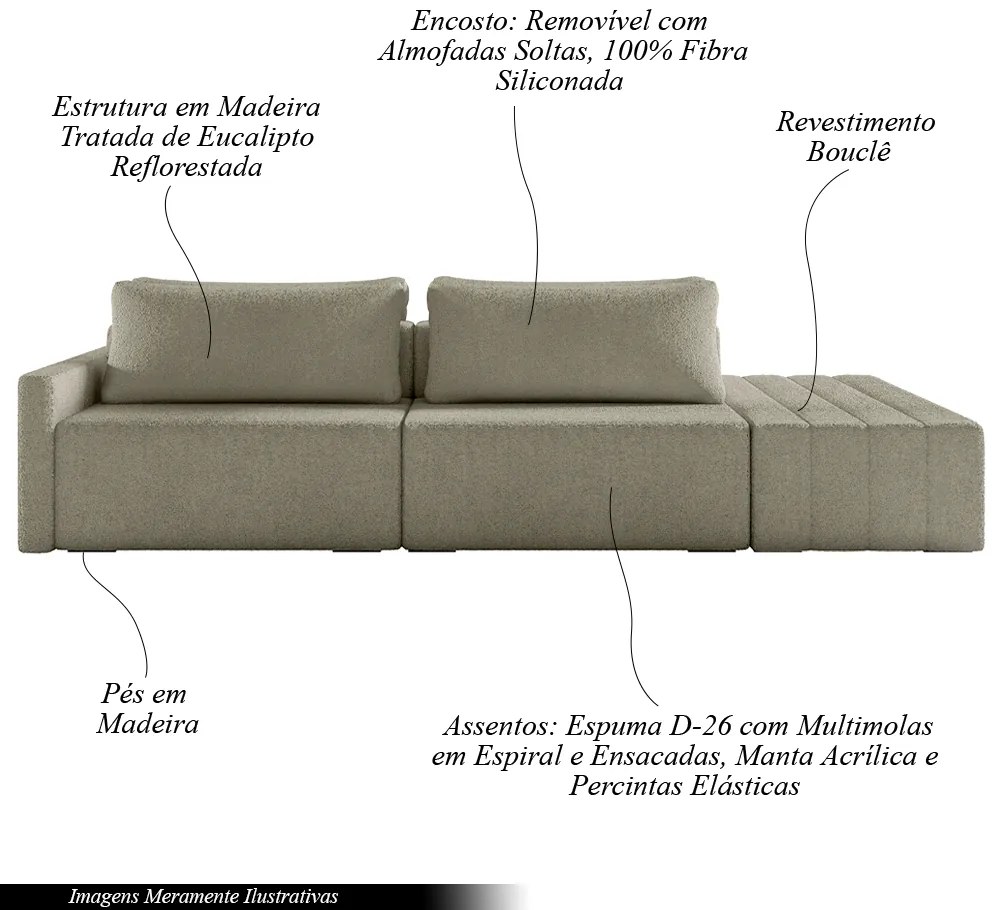 Sofá Ilha Modulado Milos 232cm Puff Lateral Bouclê Bege G33 - Gran Belo