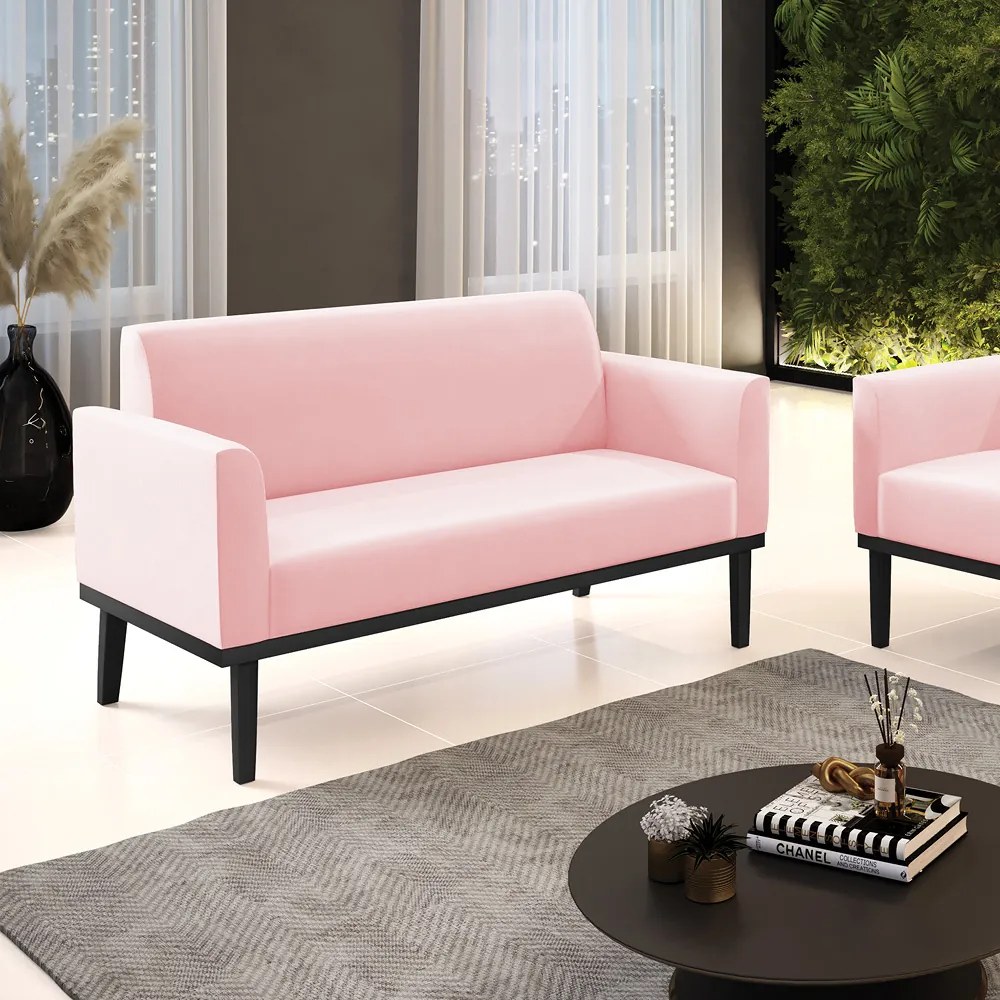 Sofá Namoradeira Base de Madeira Fixa Preto Marisa Suede  D03 - D'Rossi - Rosa Bebê