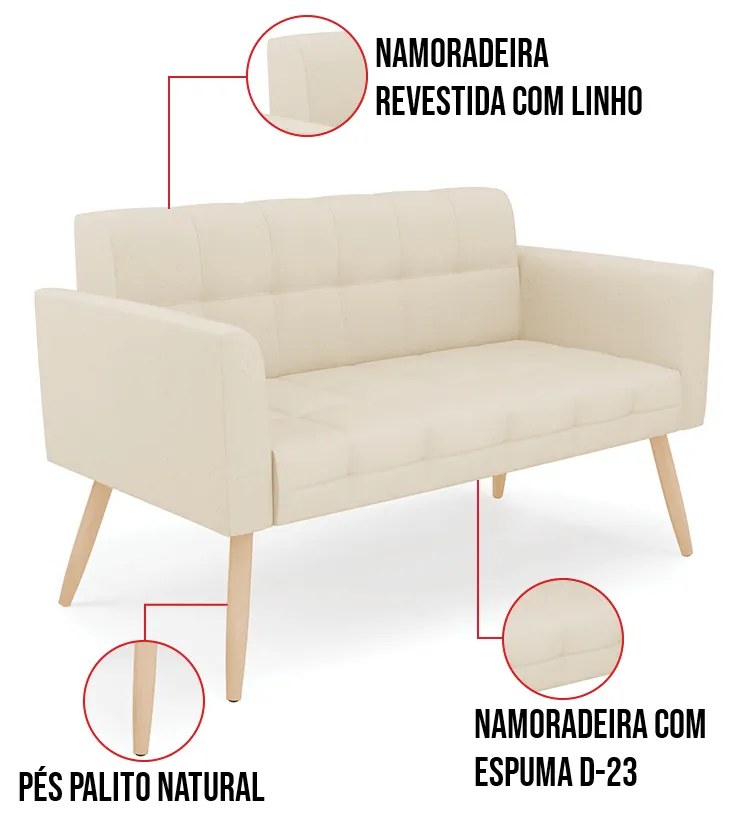 Kit 1 Sofá Namoradeira e 1 Poltrona Elisa Linho Pés Palito Natural D03 - D'Rossi - A19 Bege