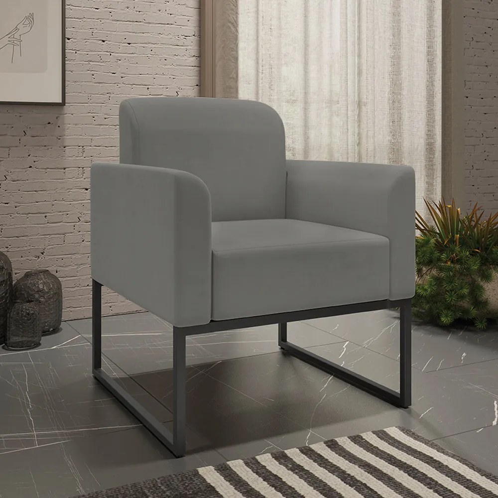 Kit 2 Poltronas Decorativas Isabella Base Industrial Suede Grafite/Preto G19
