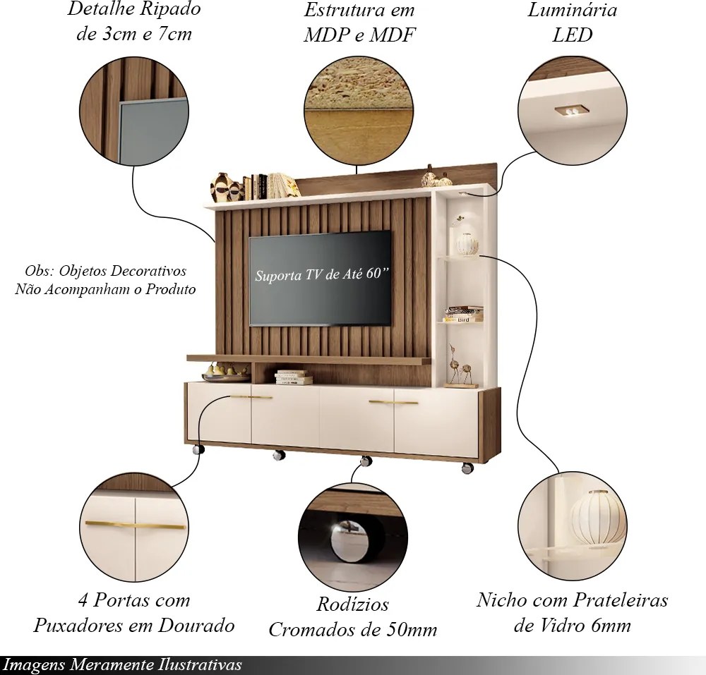 Home Theater Titan TV até 60 Polegadas com LED Castanho/Off White G26 - Hb Móveis
