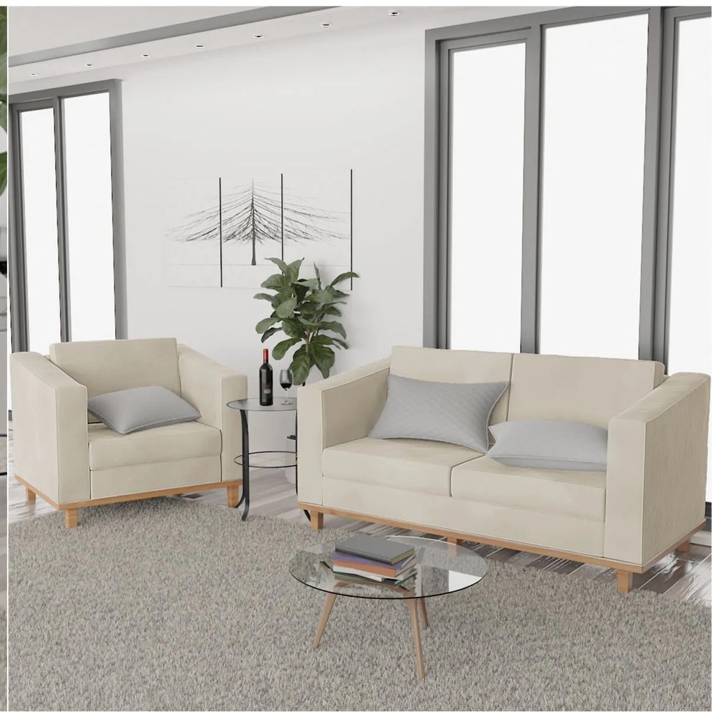 Kit Sofá 2 Lugares e Poltrona Europa Suede Bege ADJ Decor