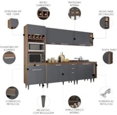 Armário de Cozinha Com Tampo CP07 280cm Pérola Freijó/Grafite Z34 - Mp