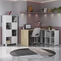 Mesa Escrivaninha em L Eron e Estante Livreiro Maly A06 Branco/Carvalh