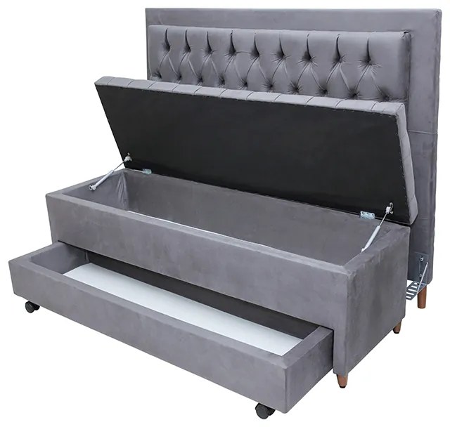 Cabeceira com Calçadeira Baú Casal 140cm Paris Capitonê Suede Cinza - Sheep Estofados - Cinza