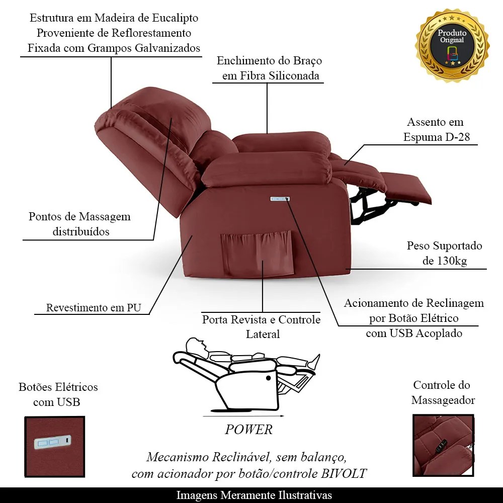 Poltrona do Papai Reclinável Sala de Cinema Madrid Elétrica Touch Massagem USB PU Vermelho  G23