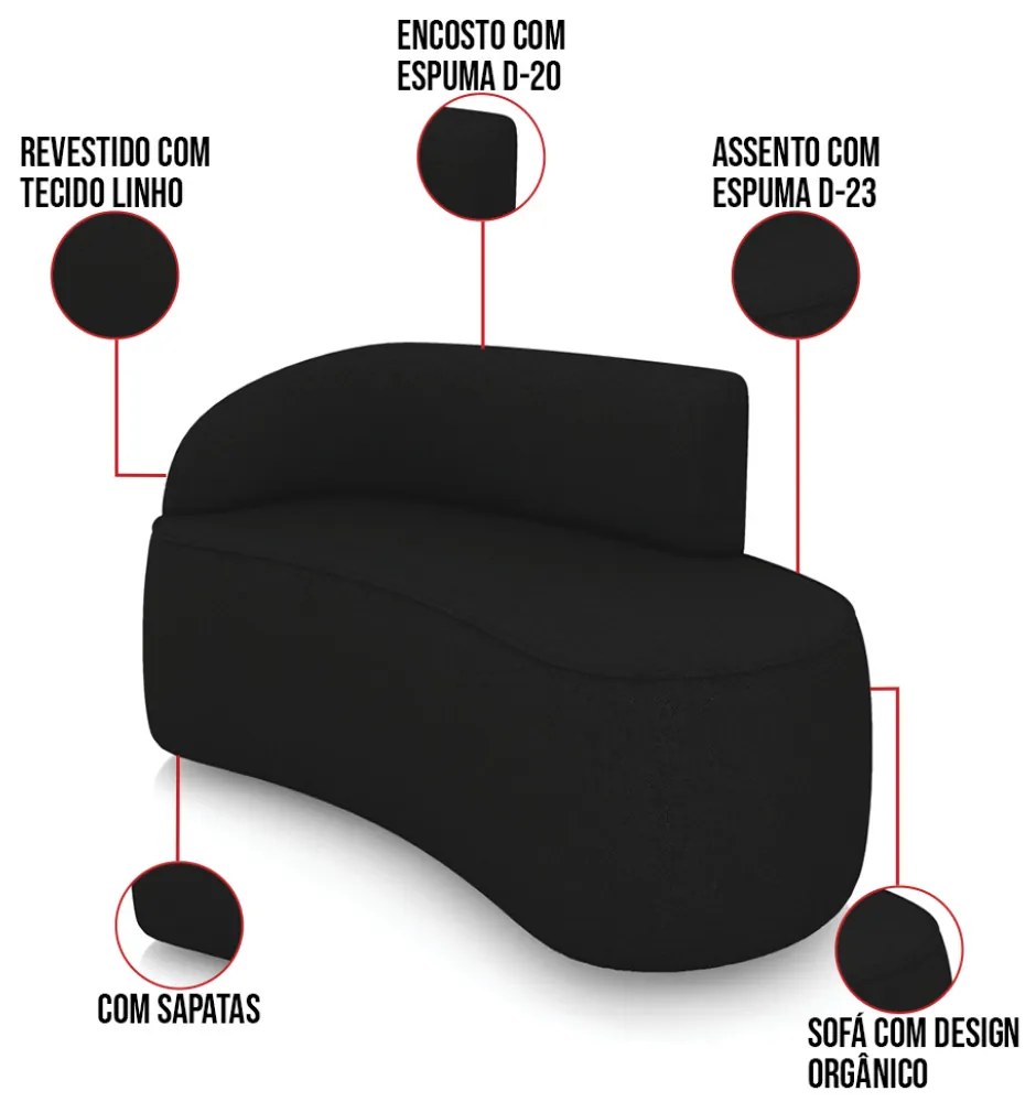 Sofá 2 Lugares Orgânico 140cm Morgan e 2 Poltronas Lua Linho D03 - D'Rossi - Preto