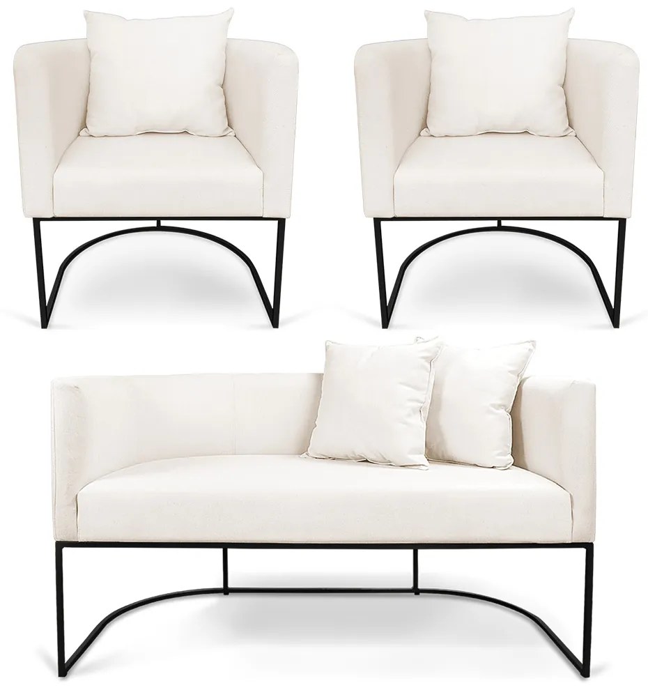 Kit 01 Namoradeira 02 Lugares e 02 Poltronas Paola Linho Base Metálica Preto D03 - D'Rossi - A27 Areia