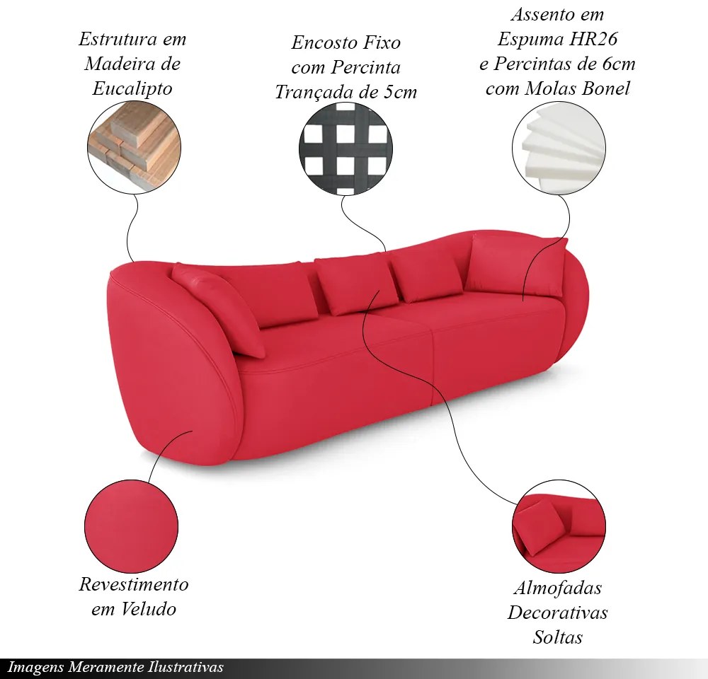 Sofá Bipartido Sala de Estar Diamond 252cm com Almofadas Soltas Veludo Vermelho G52 - Gran Belo