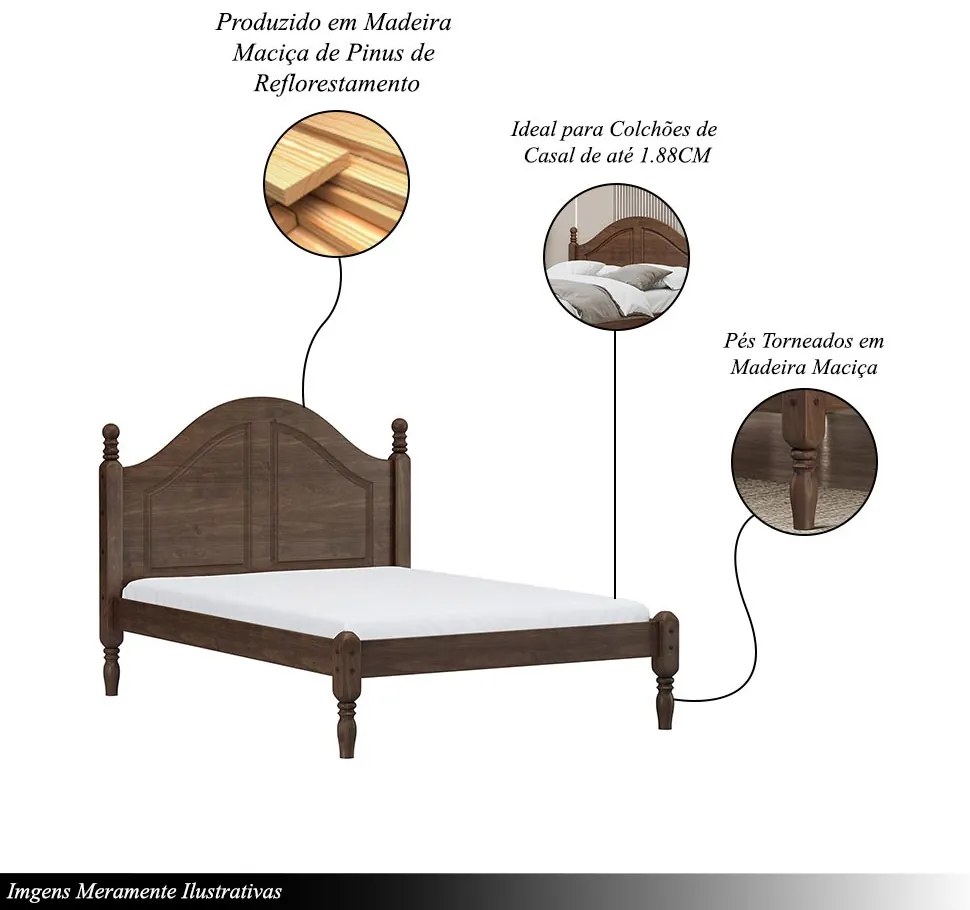 Cama de Casal Pés Toneados Madeira Maciça Naipe Café G74 - Gran Belo