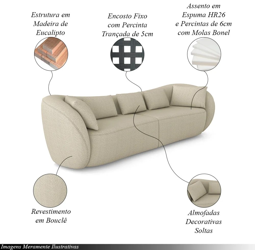 Sofá Bipartido Sala de Estar Diamond 252cm com Almofadas Soltas Bouclê Bege Escuro G52 - Gran Belo