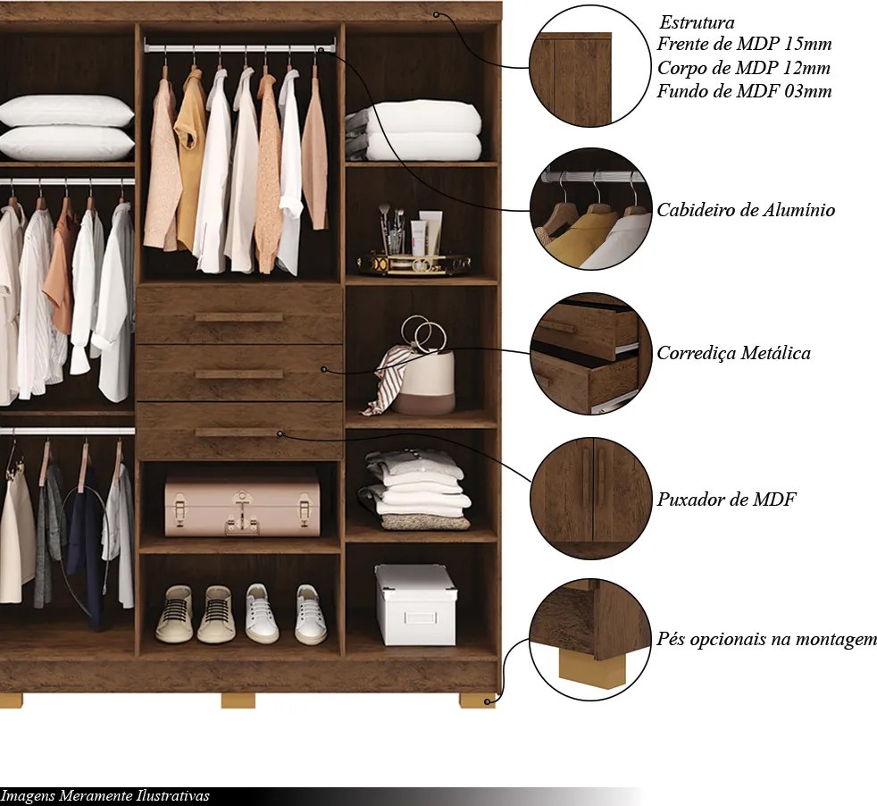 Guarda Roupa Casal Belga 6 Portas de Bater 3 Gavetas com Cabideiros Nogueira G98 - Gran Belo