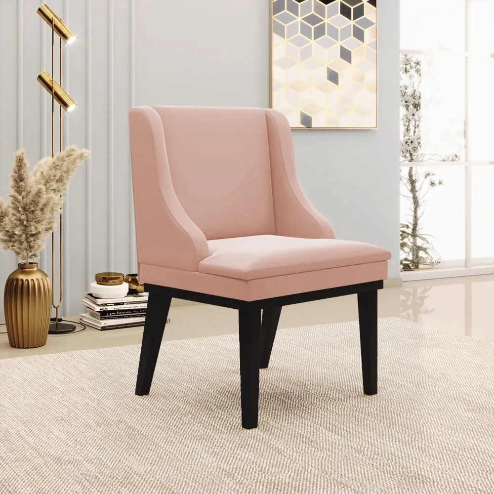 Kit 08 Cadeiras de Jantar Liz Veludo Rosê Base Fixa Madeira Preto D03 - D'Rossi