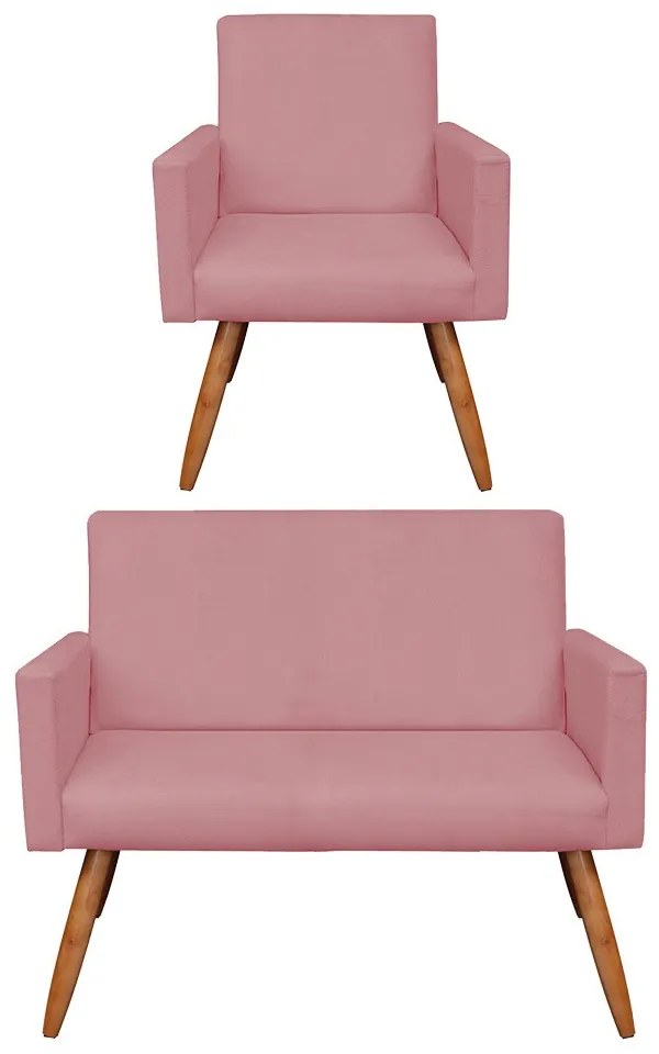 Kit 01 Namoradeira com 01 Poltrona Larissa Suede Pés Palito Castanho D'Rossi - Rose