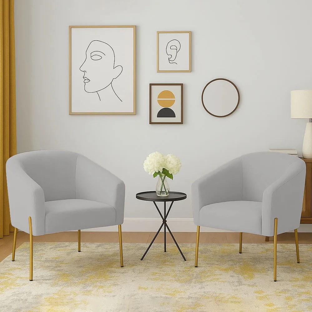 Poltrona Decorativa Pé de Ferro Dourado Kit 2 Stella Suede D03 - D'Rossi - Cinza