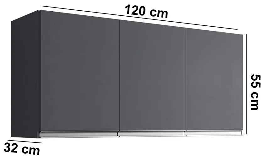 Armário Cozinha Aéreo 120cm 3 Portas Leticia A01 - D'Rossi - Cinza