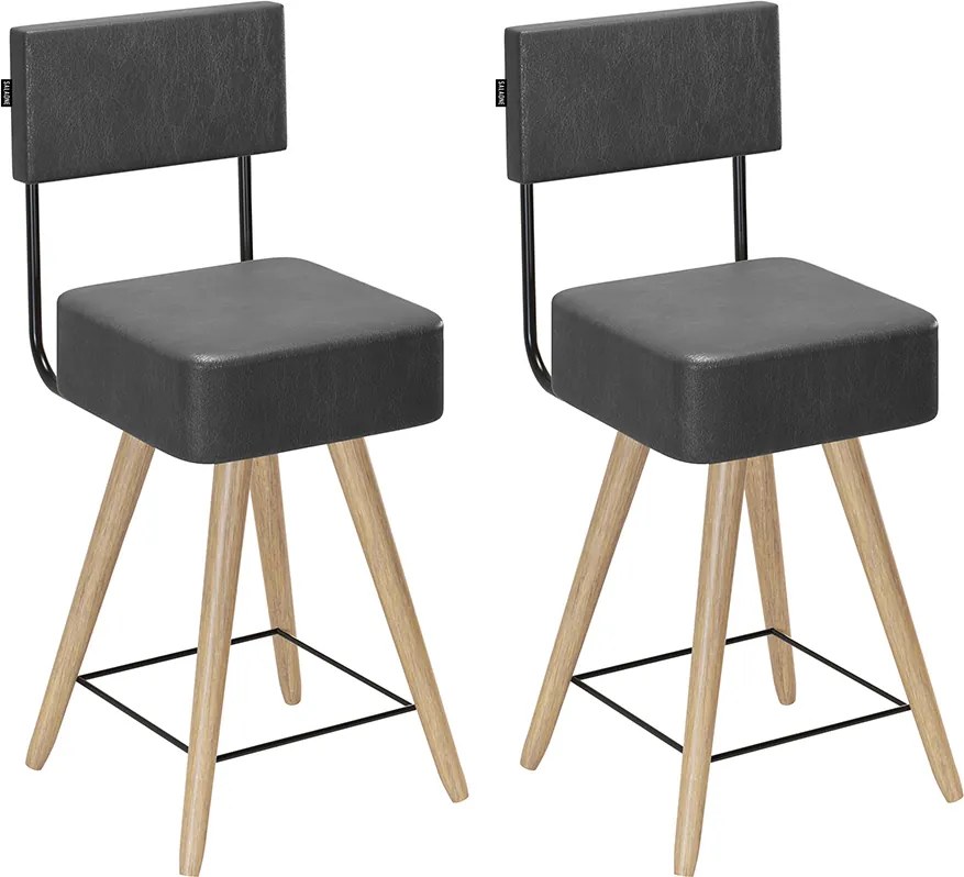 Banqueta Baixa Cozinha 50cm Encosto Pé Madeira Kit 2 Barcelona Pu S02 - D'Rossi - Preto