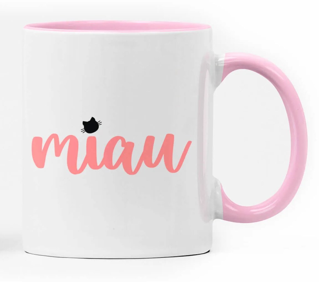 Caneca Gatinha Miau Geek Nerd Branca com Alça Rosa Claro