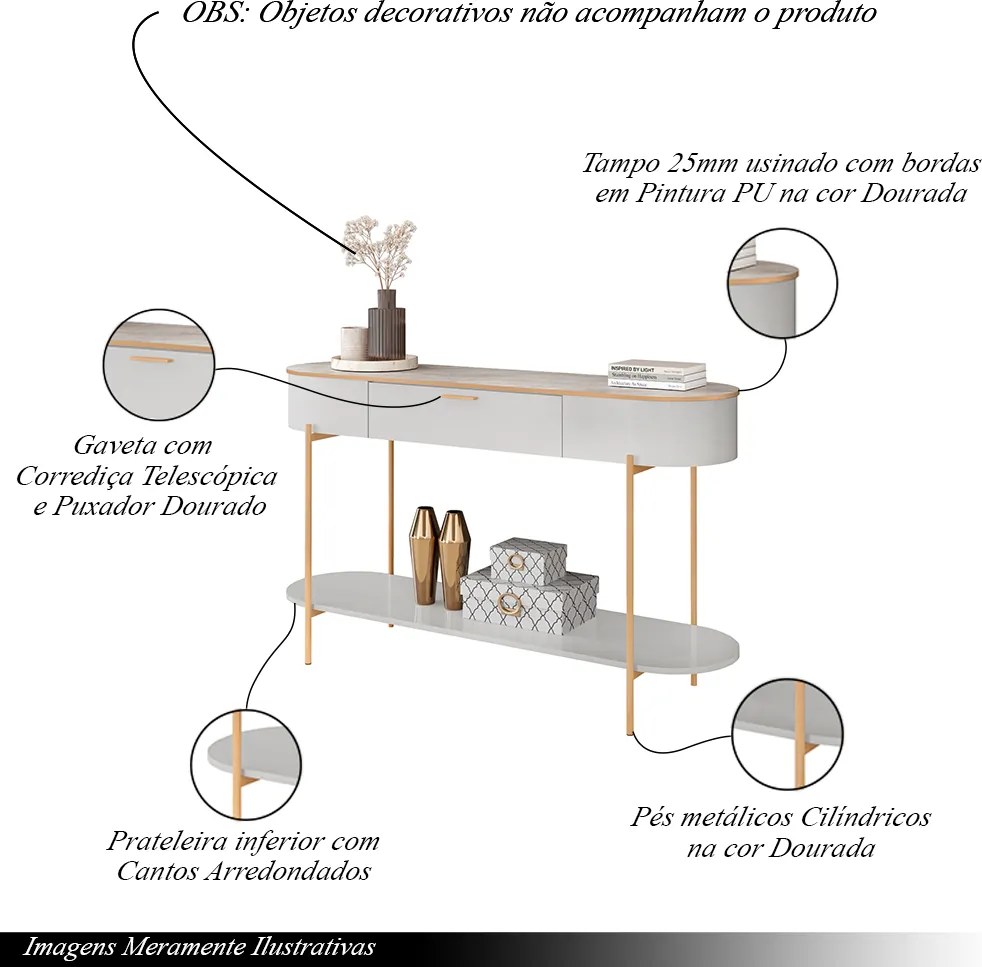 Aparador Amanda 1 Gaveta e 1 Prateleira Pés Metálicos Dourados G18 - Gran Belo - Fendi/Quartzo