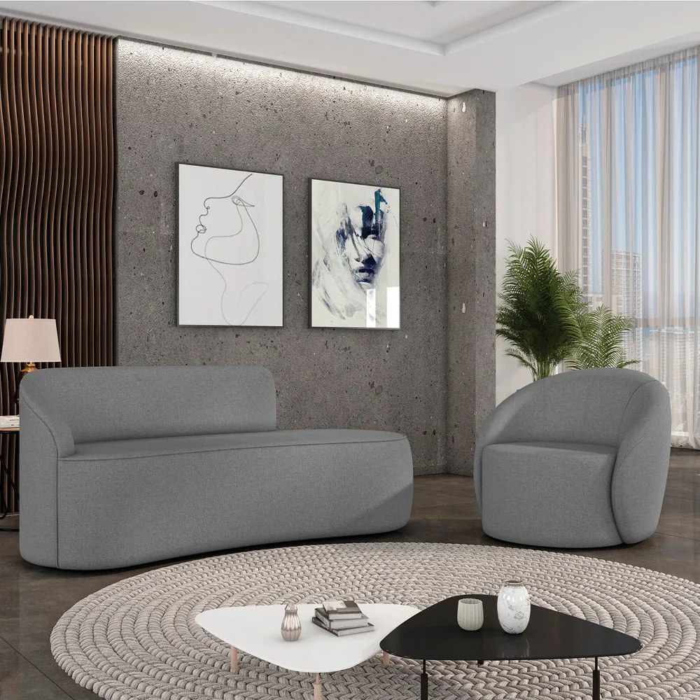 Sofá 2 Lugares Orgânico 140cm Morgan e 2 Poltronas Lua Linho Grafite D03 - D'Rossi