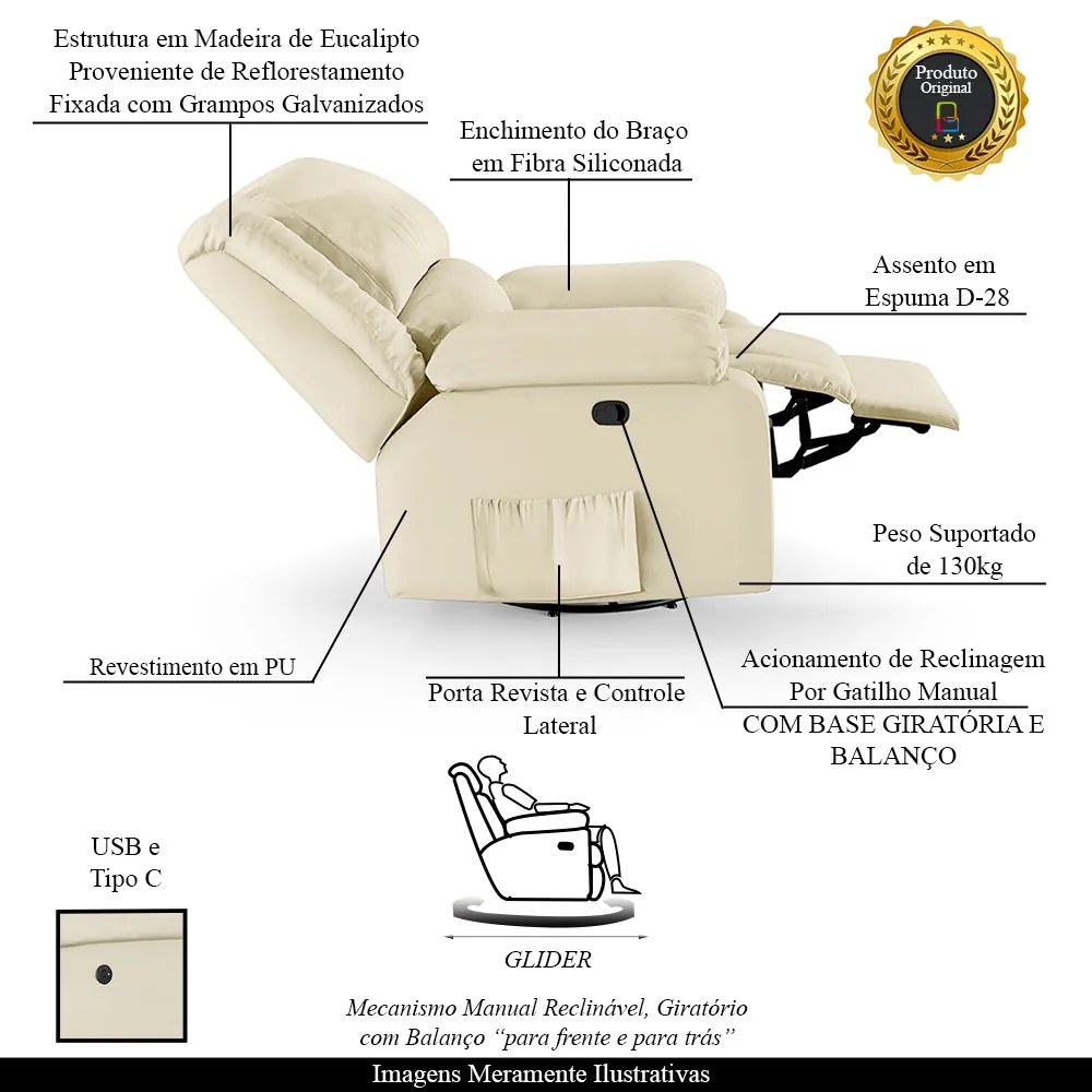 Poltrona do Papai Reclinável Sala de Cinema Madrid Glider Manual Giratória USB PU Bege G23 - Gran Belo