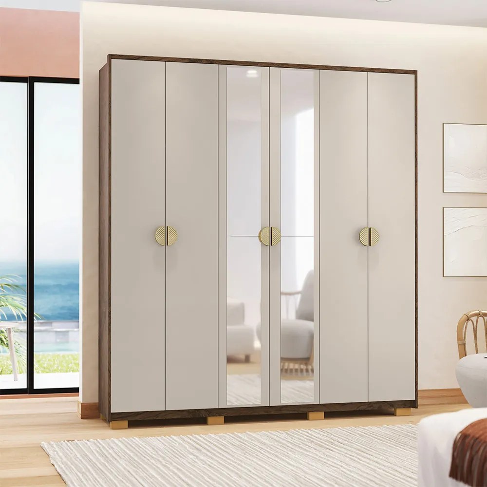 Guarda Roupa Casal Marlin 6 Portas de Bater 2 com Espelhos 4 Gavetas com Nichos MDF Nogueira/Fendi G98 - Gran Belo