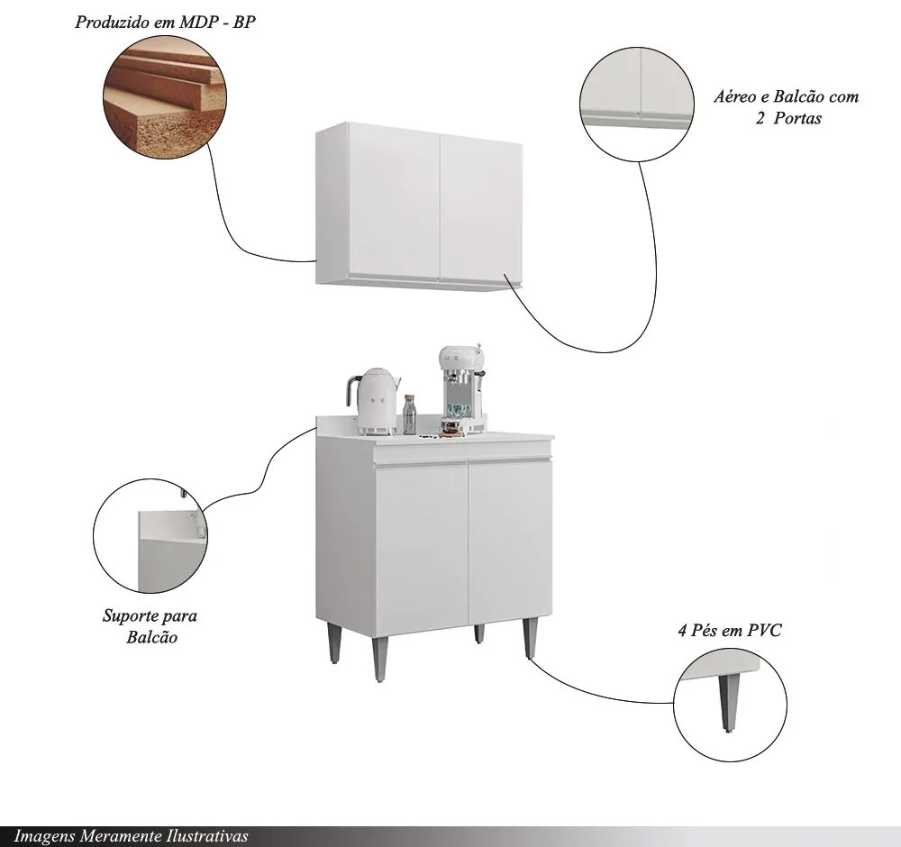 Conjunto Balcão de Cozinha com Tampo Papin Armário Aéreo MDP/BP Branco G96 - Gran Belo
