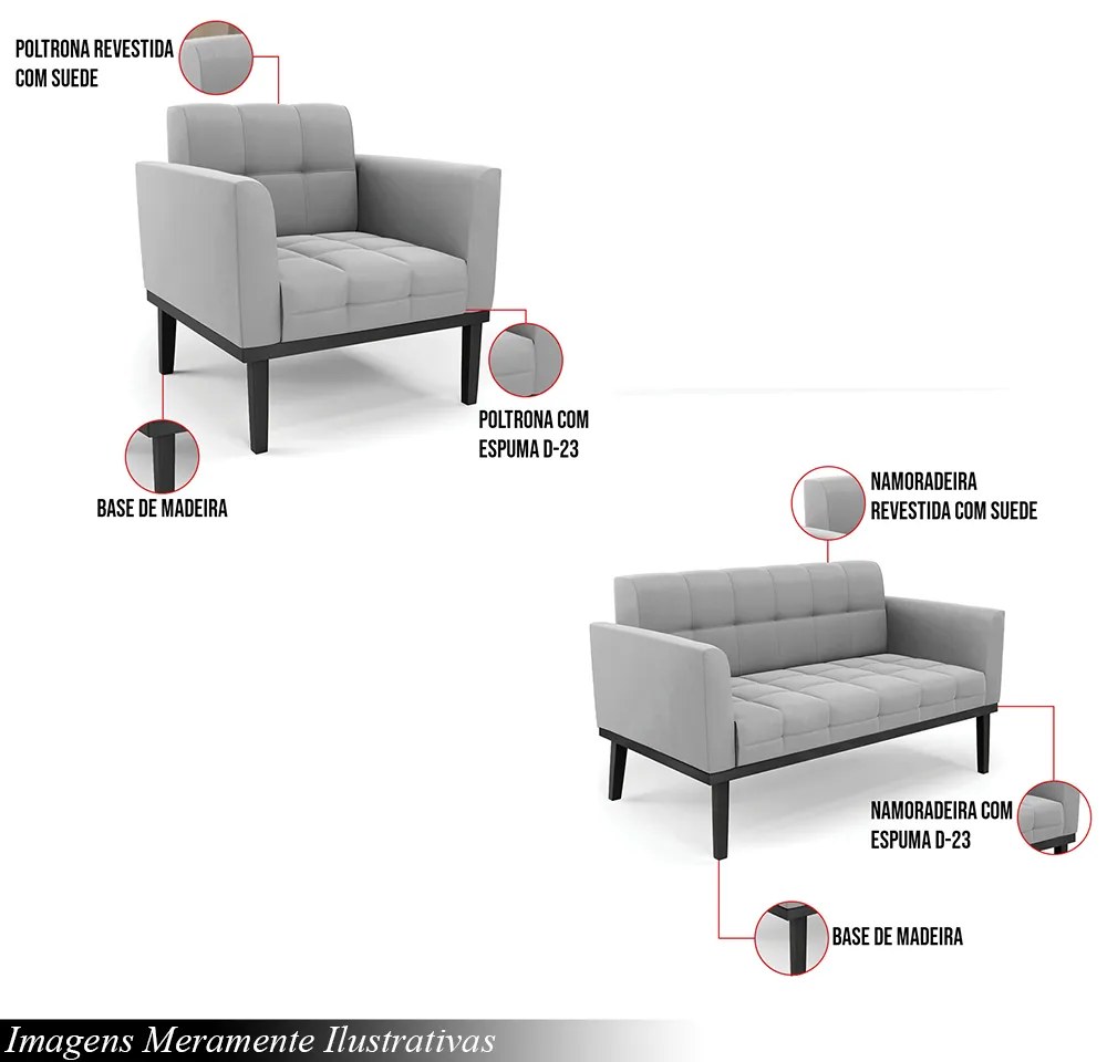 Conjunto Poltrona e Namoradeira Decorativa Karen Pés Fixo em Madeira Preto Suede Cinza G19 - Gran Belo