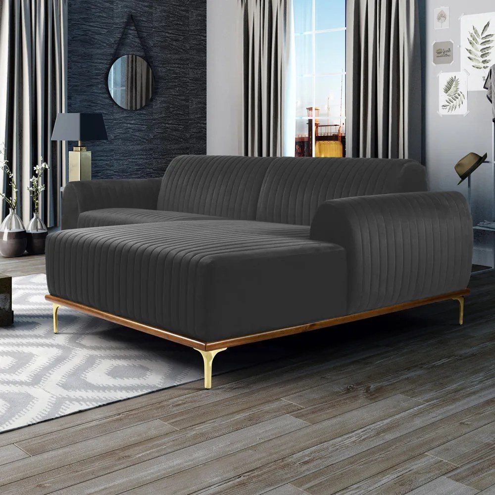 Sofá 3 Lugares Lisboa D07 com Chaise Direita 230cm Veludo Cinza - D'Rossi
