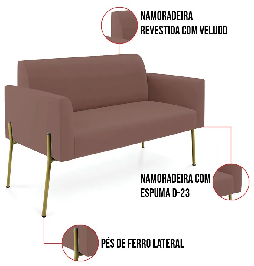 Sofá Namoradeira e Poltrona Pé de Ferro Dourado Salão Marisa Veludo D03 - D'Rossi - Rose