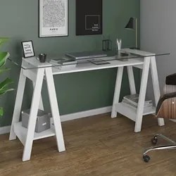 Mesa Escrivaninha 150cm Pés Cavalete Tampo de Vidro Cris A06 Branco -