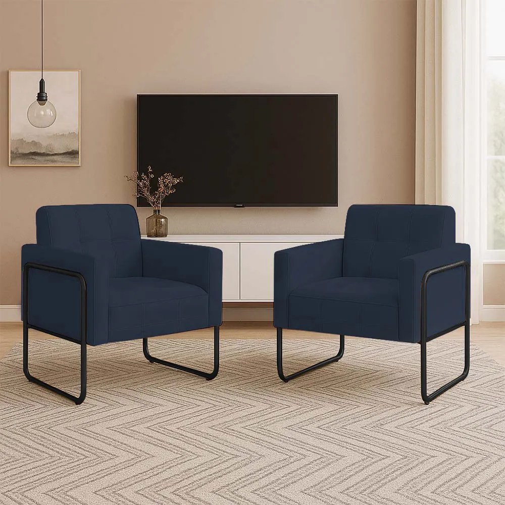 Poltrona Sala Industrial Alta Tubo Preto Kit 2 Elisa Suede D03 - D'Rossi - Azul Marinho