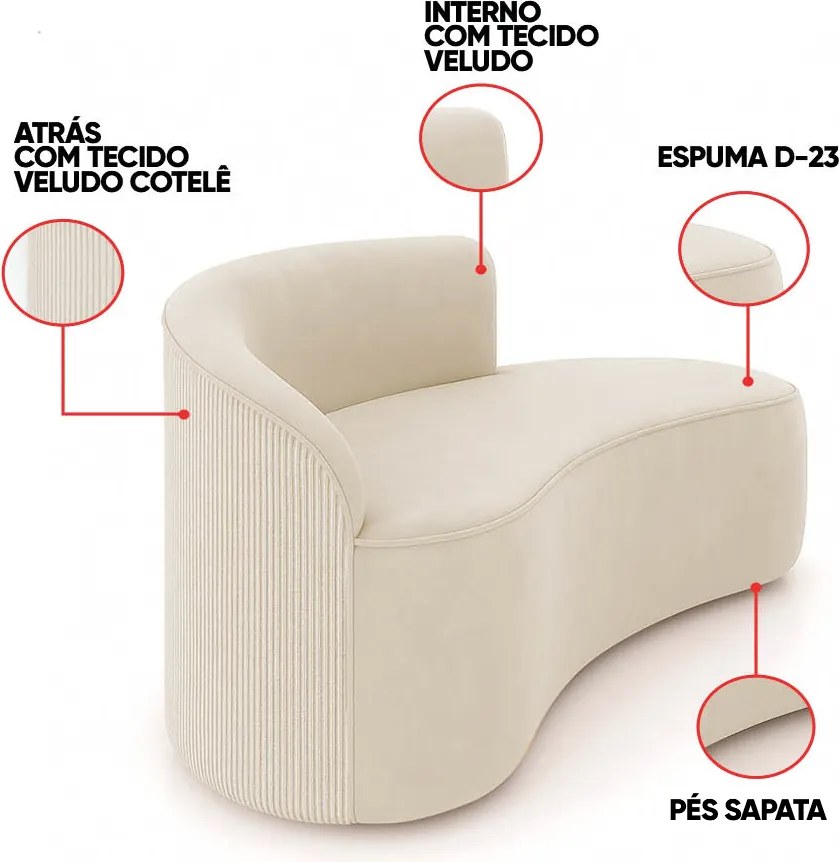 Sofá 2 Lug Orgânico140cm Morgan e 2 Poltronas Giratória Lua Cotelê/Veludo Bege D03 - D'Rossi
