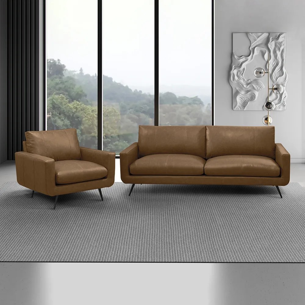 Conjunto Sala de Estar Decorativo Paloma 1 Sofá 2 Lugares 183cm 1 Poltrona Pés em Aço Couro Marrom Claro Manchado G88 - Gran Belo