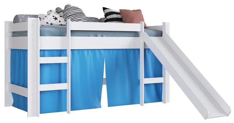 Cama Infantil Elevada com Escorregador Cortina Azul Playground