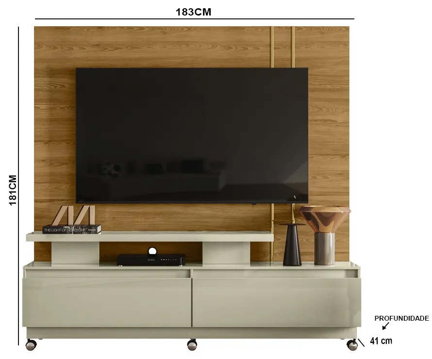 Estante de TV 75 Pol 183cm com Rodízio Sala Belora M20 - D'Rossi - Cumaru e Opala