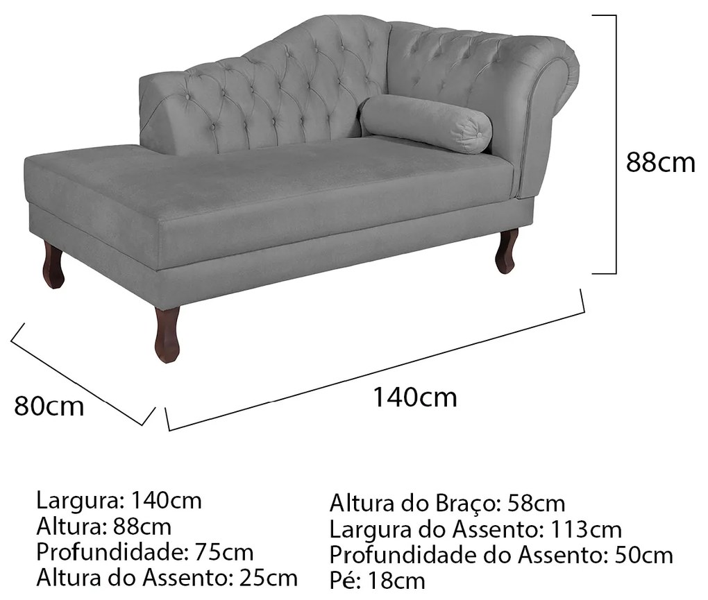 Recamier Diana 140cm Lado Esquerdo Suede Cinza - ADJ Decor