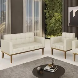 Sofá Namoradeira e 1 Poltrona Base Madeira Castanho Ana Veludo Luxo Of