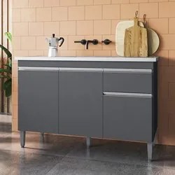 Balcão Gabinete Com Pia Inox 120cm 3 Portas e 1 Gaveta Tatiane Cinza -