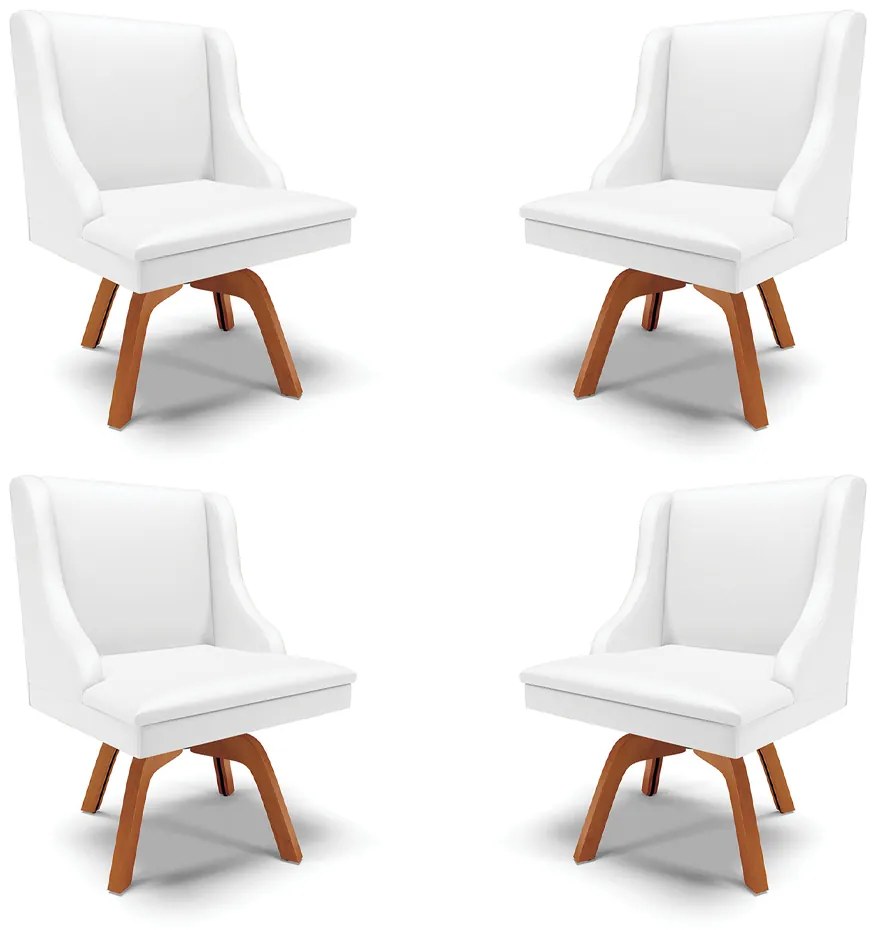 Kit 4 Cadeiras Decorativas Sala de Jantar Base Giratória de Madeira Firenze PU Branco Fosco/Natural G19 - Gran Belo