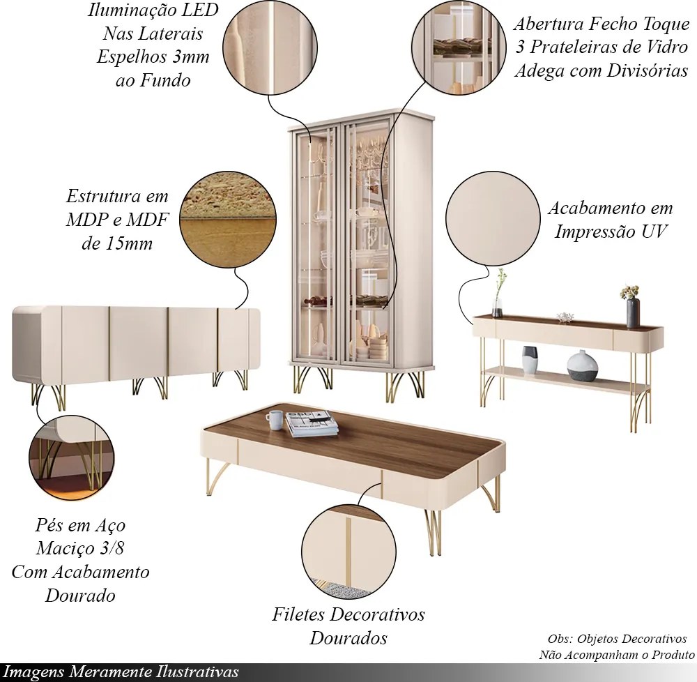 Conjunto 1 Cristaleira 1 Buffet 1 Mesa de Centro e 1 Aparador Texas/Virginia/Rennes Off White/Castanho G26 - Gran Belo