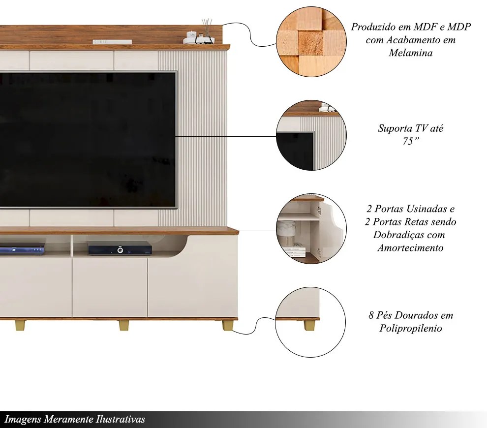 Home Estante Banner TV 75" Ripado Canelado 4 Portas OffWhite/Freijó G18 - Gran Belo