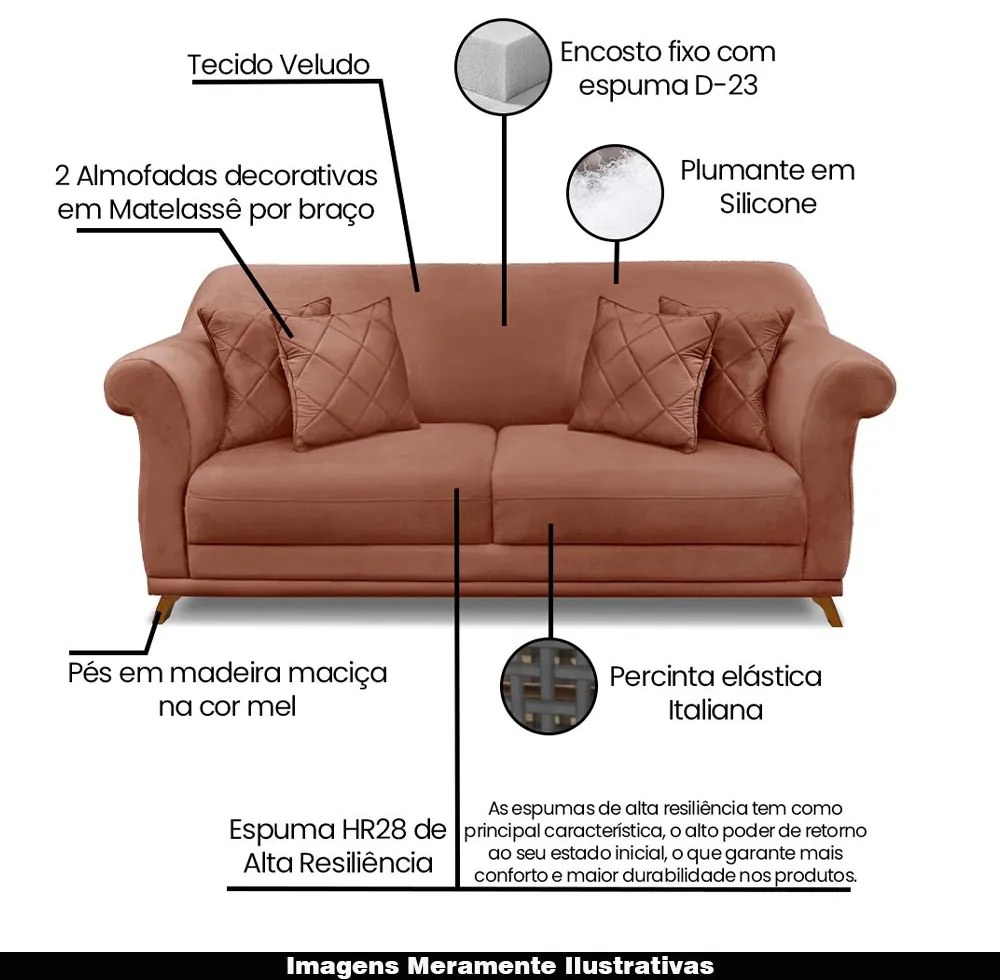 Sofá Decorativo 220cm 3 Lugares com 4 Almofadas Armstrong Veludo Cobre G63 - Gran Belo