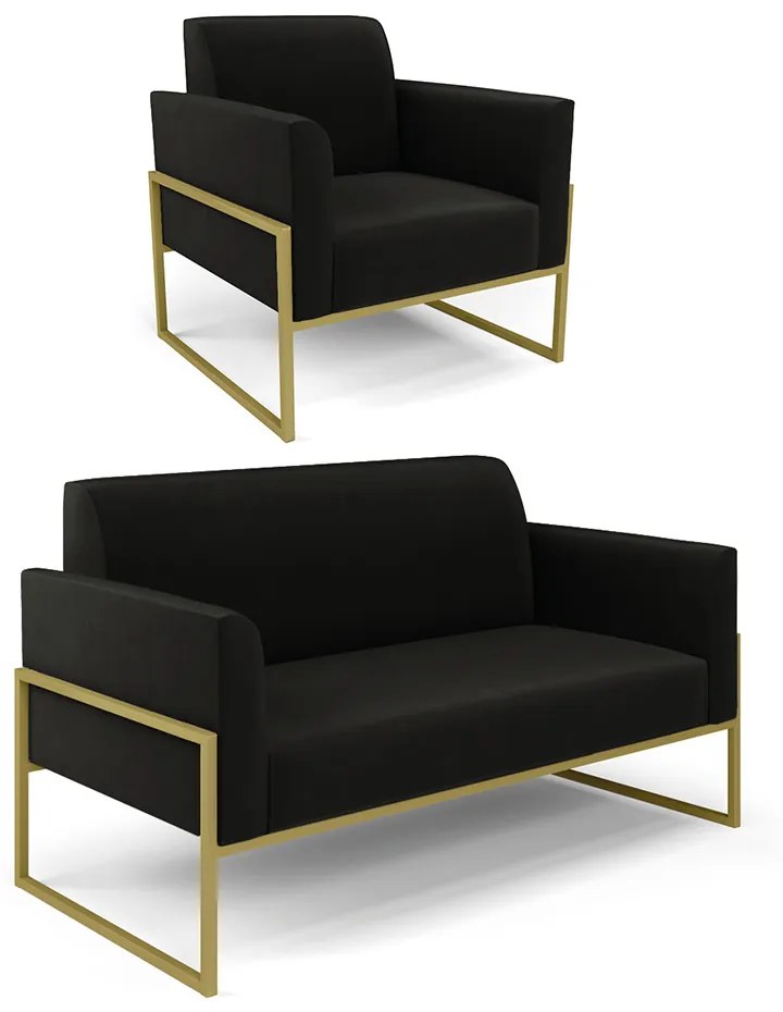 Sofá Namoradeira com Poltrona Base Industrial Alta Dourado Marisa Suede D03 - D'Rossi - Preto